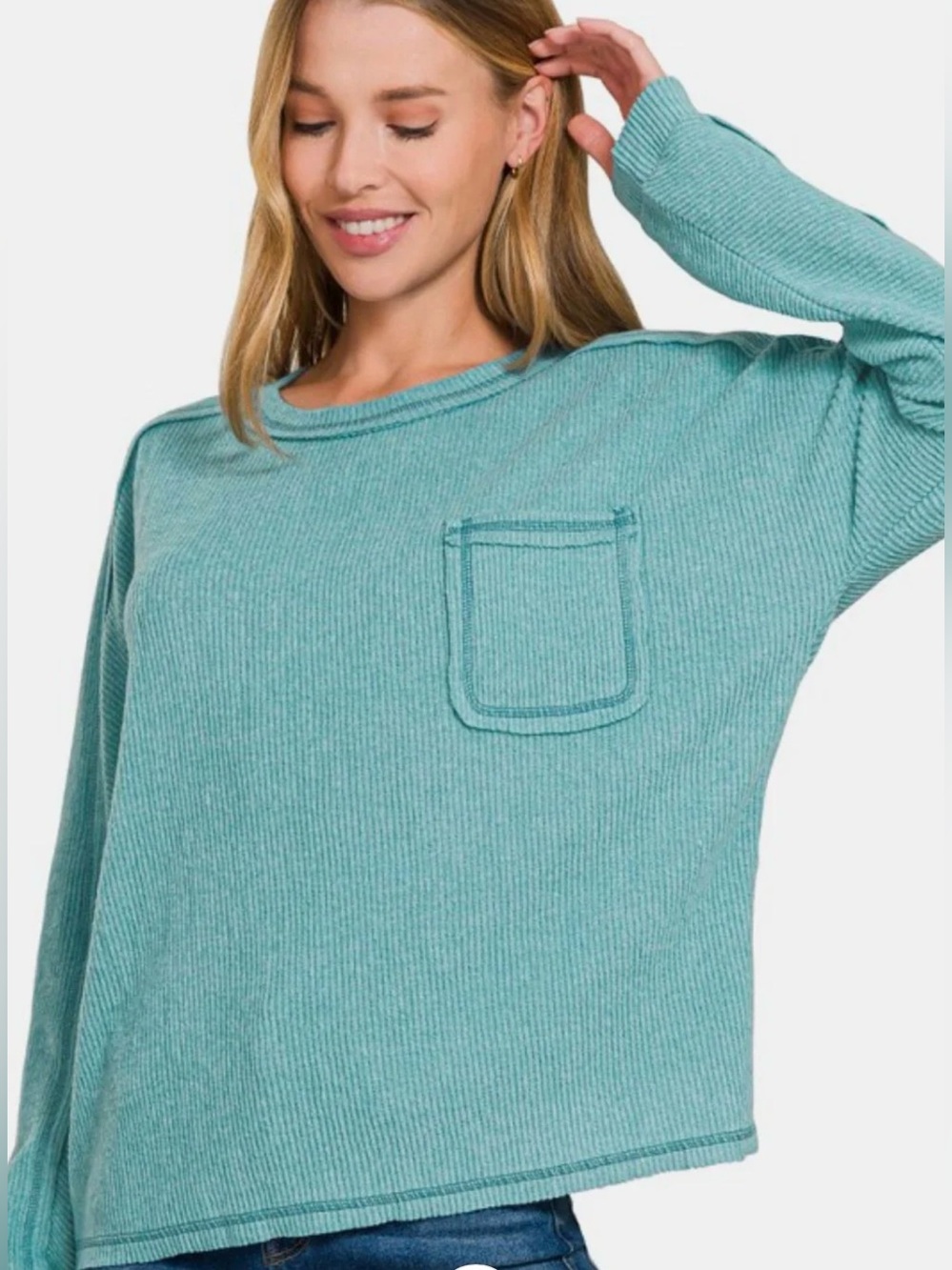 New Zenana Hacci Knit Reverse Seam Long-Sleeve Top ~ Teal